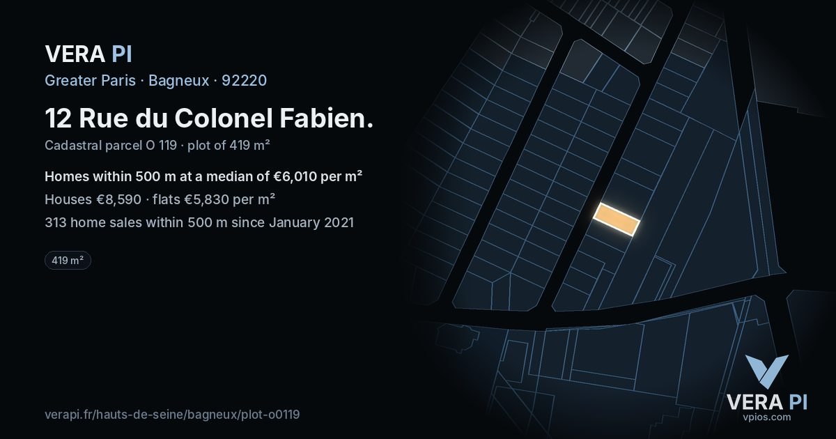 12 Rue du Colonel Fabien, Bagneux at night – the plot lit, the parcels around coloured by the prices near them