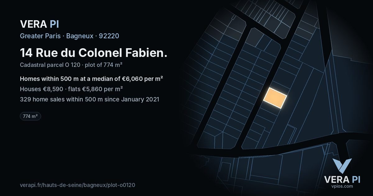 14 Rue du Colonel Fabien, Bagneux at night – the plot lit, the parcels around coloured by the prices near them