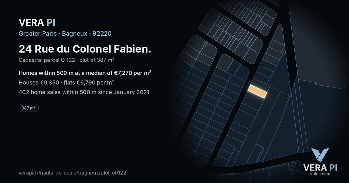 24 Rue du Colonel Fabien, Bagneux at night – the plot lit, the parcels around coloured by the prices near them