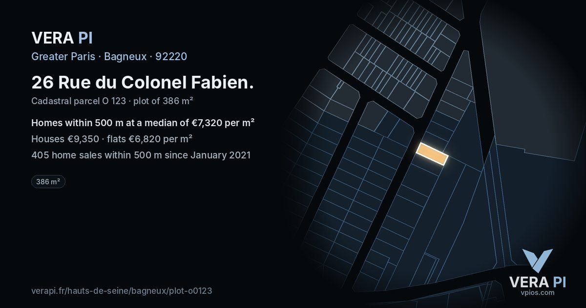26 Rue du Colonel Fabien, Bagneux at night – the plot lit, the parcels around coloured by the prices near them