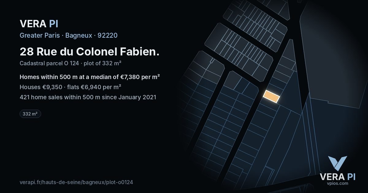 28 Rue du Colonel Fabien, Bagneux at night – the plot lit, the parcels around coloured by the prices near them