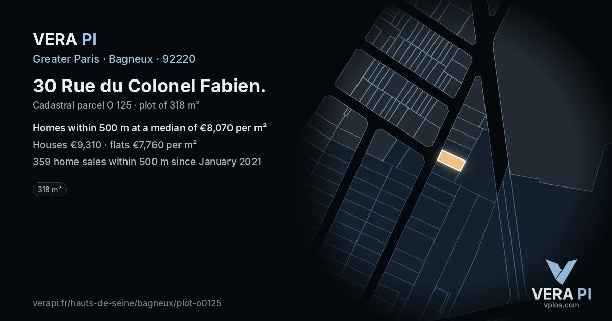 30 Rue du Colonel Fabien, Bagneux at night – the plot lit, the parcels around coloured by the prices near them