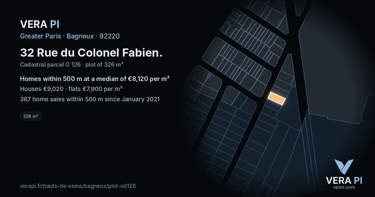 32 Rue du Colonel Fabien, Bagneux at night – the plot lit, the parcels around coloured by the prices near them