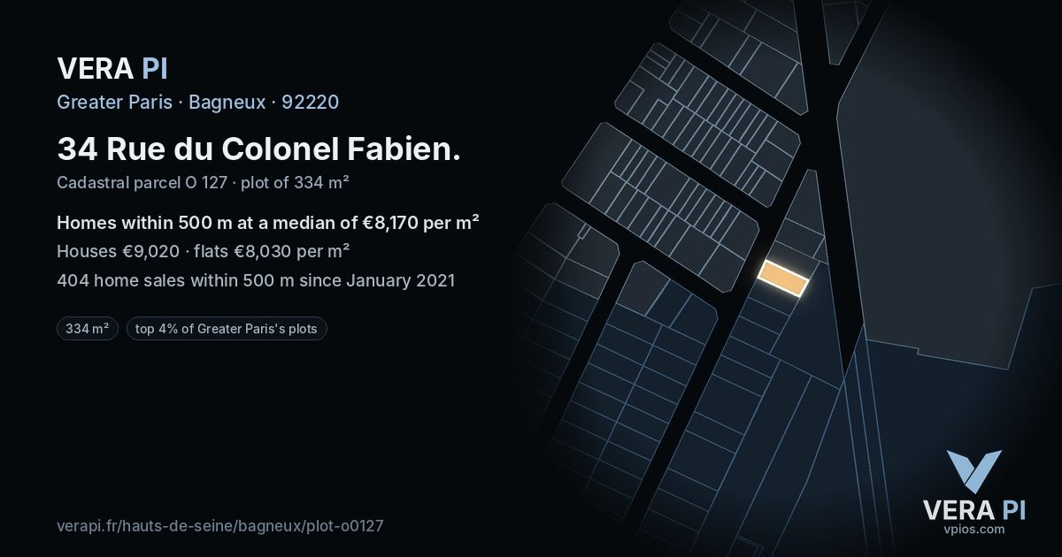 34 Rue du Colonel Fabien, Bagneux at night – the plot lit, the parcels around coloured by the prices near them