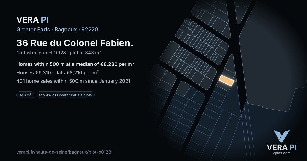 36 Rue du Colonel Fabien, Bagneux at night – the plot lit, the parcels around coloured by the prices near them