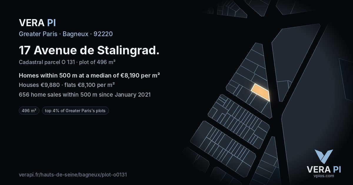 17 Avenue de Stalingrad, Bagneux at night – the plot lit, the parcels around coloured by the prices near them