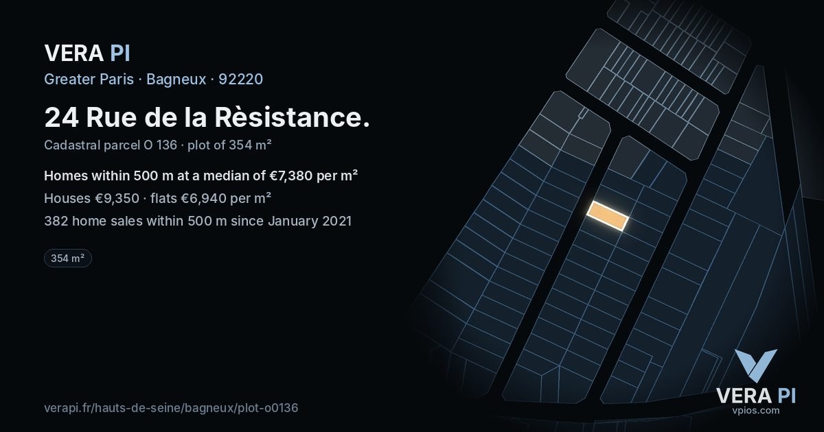 24 Rue de la Rèsistance, Bagneux at night – the plot lit, the parcels around coloured by the prices near them