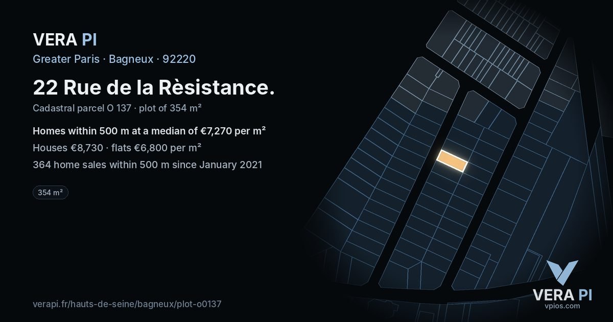 22 Rue de la Rèsistance, Bagneux at night – the plot lit, the parcels around coloured by the prices near them