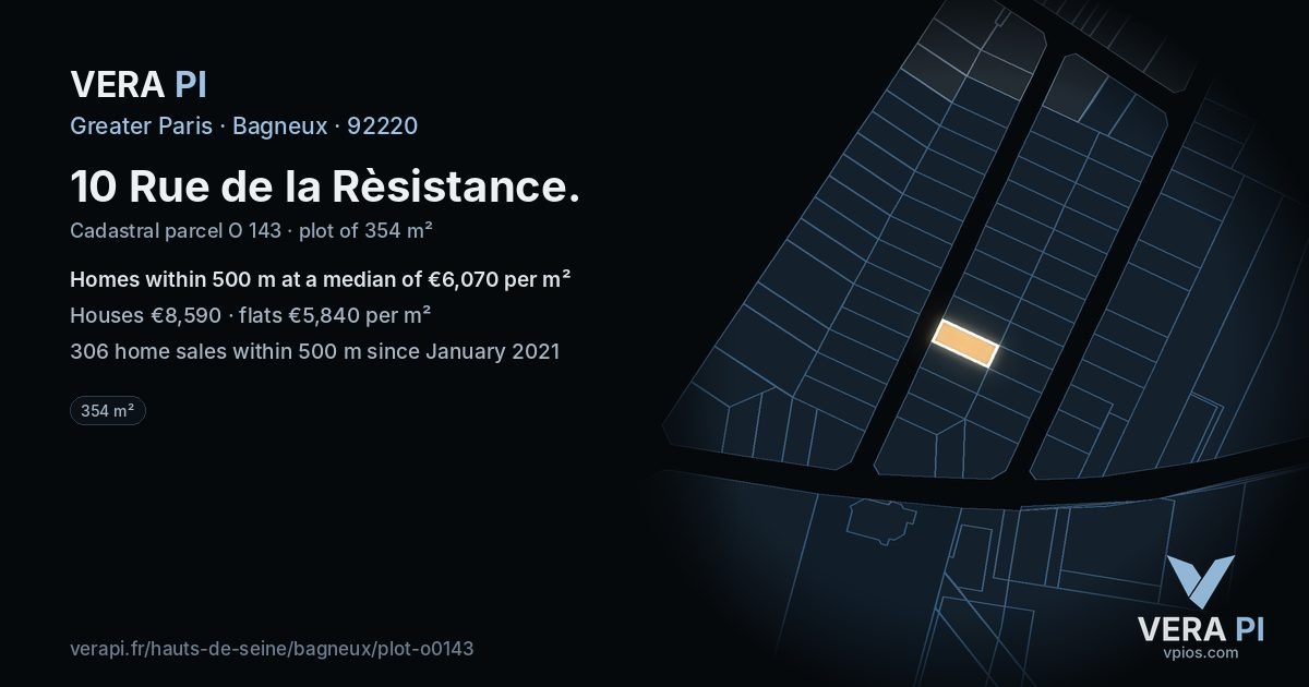 10 Rue de la Rèsistance, Bagneux at night – the plot lit, the parcels around coloured by the prices near them