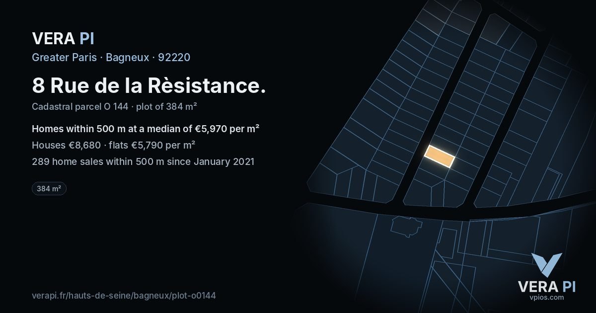 8 Rue de la Rèsistance, Bagneux at night – the plot lit, the parcels around coloured by the prices near them