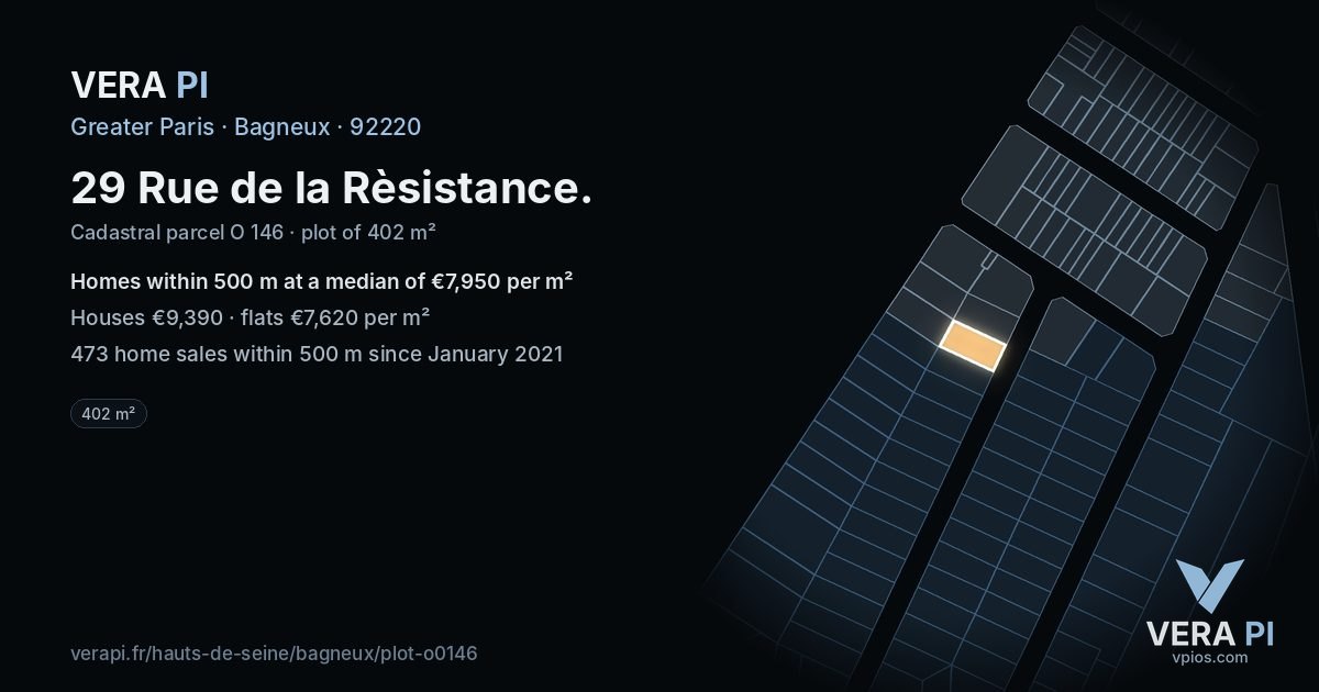 29 Rue de la Rèsistance, Bagneux at night – the plot lit, the parcels around coloured by the prices near them