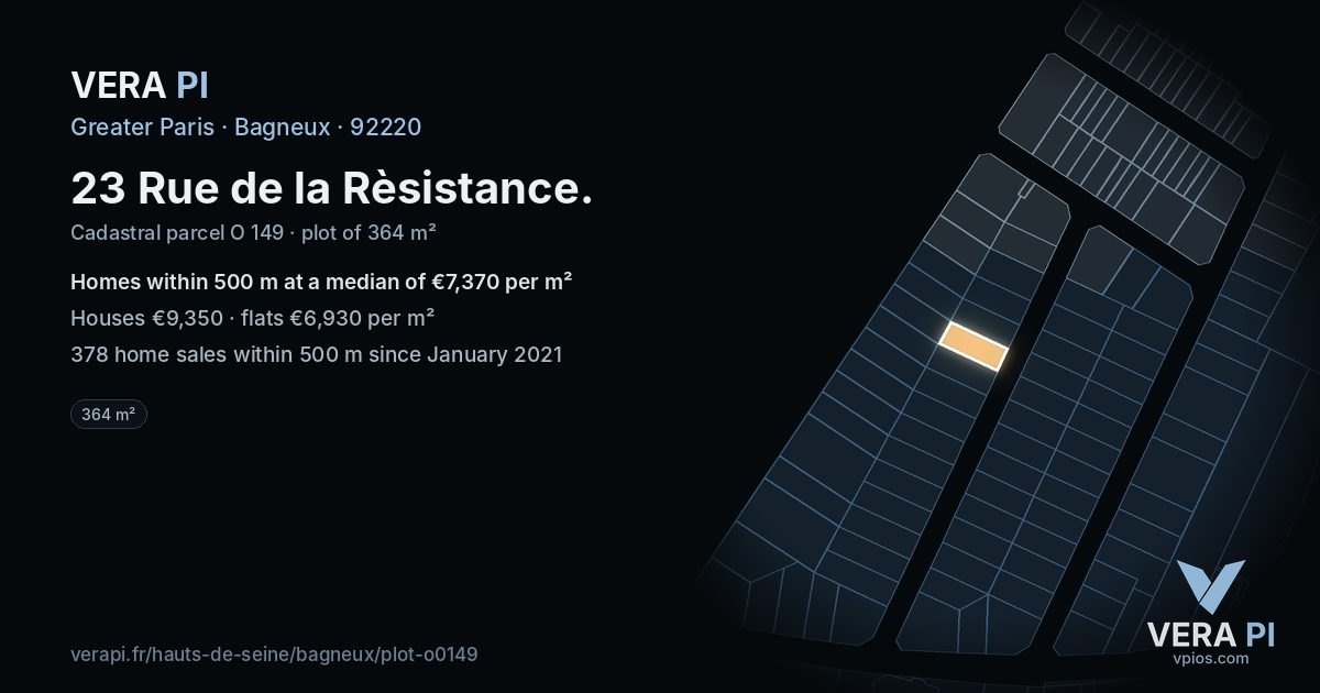 23 Rue de la Rèsistance, Bagneux at night – the plot lit, the parcels around coloured by the prices near them