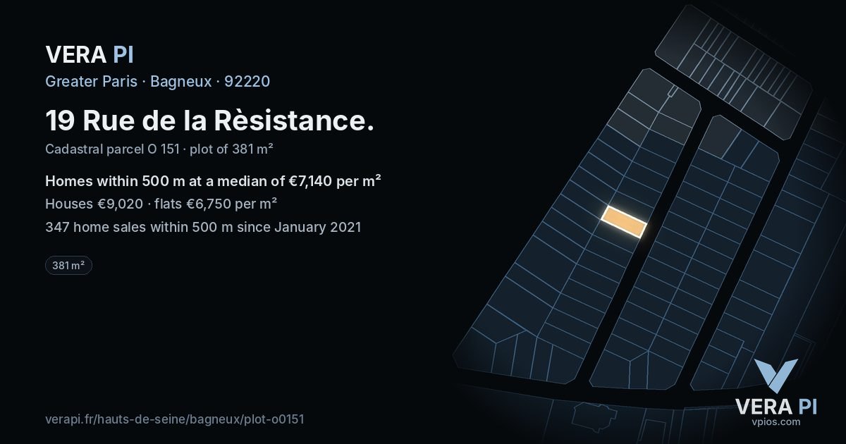 19 Rue de la Rèsistance, Bagneux at night – the plot lit, the parcels around coloured by the prices near them