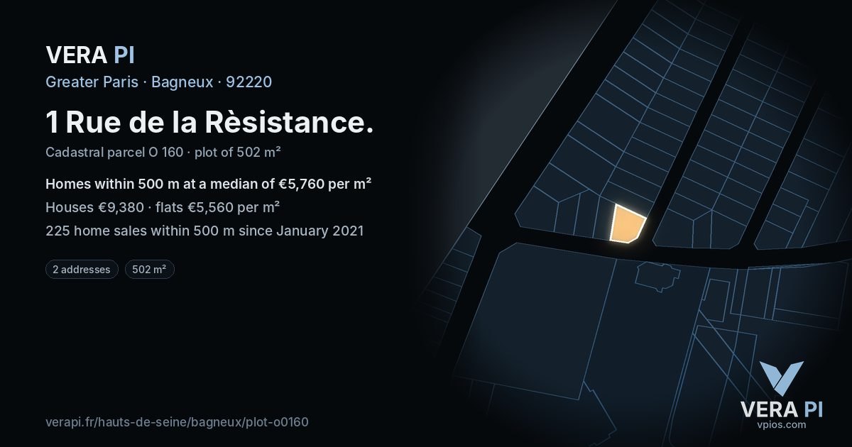 1 Rue de la Rèsistance, Bagneux at night – the plot lit, the parcels around coloured by the prices near them