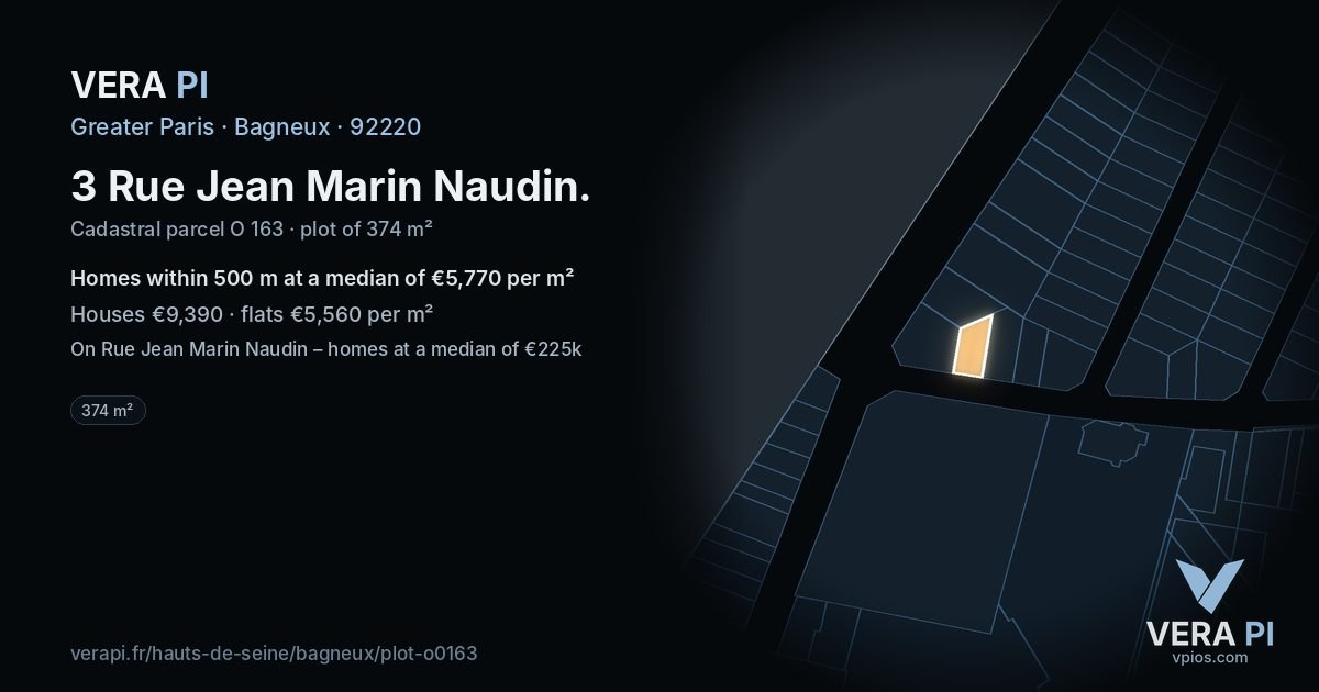 3 Rue Jean Marin Naudin, Bagneux at night – the plot lit, the parcels around coloured by the prices near them