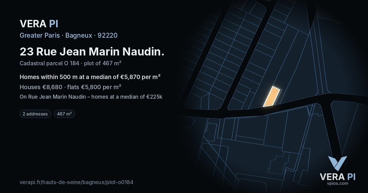 23 Rue Jean Marin Naudin, Bagneux at night – the plot lit, the parcels around coloured by the prices near them