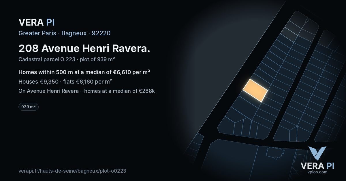 208 Avenue Henri Ravera, Bagneux at night – the plot lit, the parcels around coloured by the prices near them