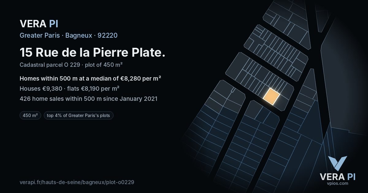 15 Rue de la Pierre Plate, Bagneux at night – the plot lit, the parcels around coloured by the prices near them