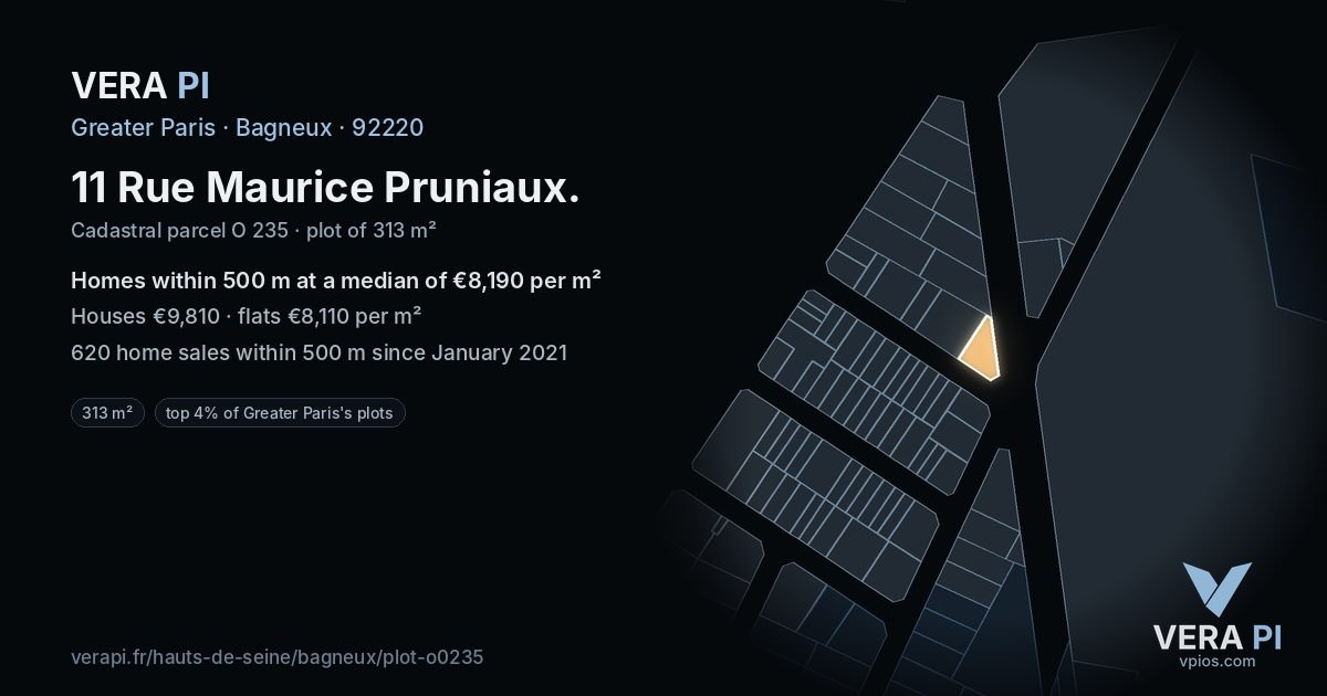 11 Rue Maurice Pruniaux, Bagneux at night – the plot lit, the parcels around coloured by the prices near them