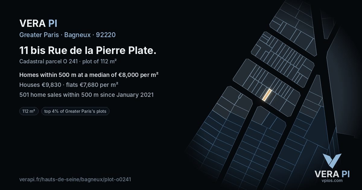 11 bis Rue de la Pierre Plate, Bagneux at night – the plot lit, the parcels around coloured by the prices near them
