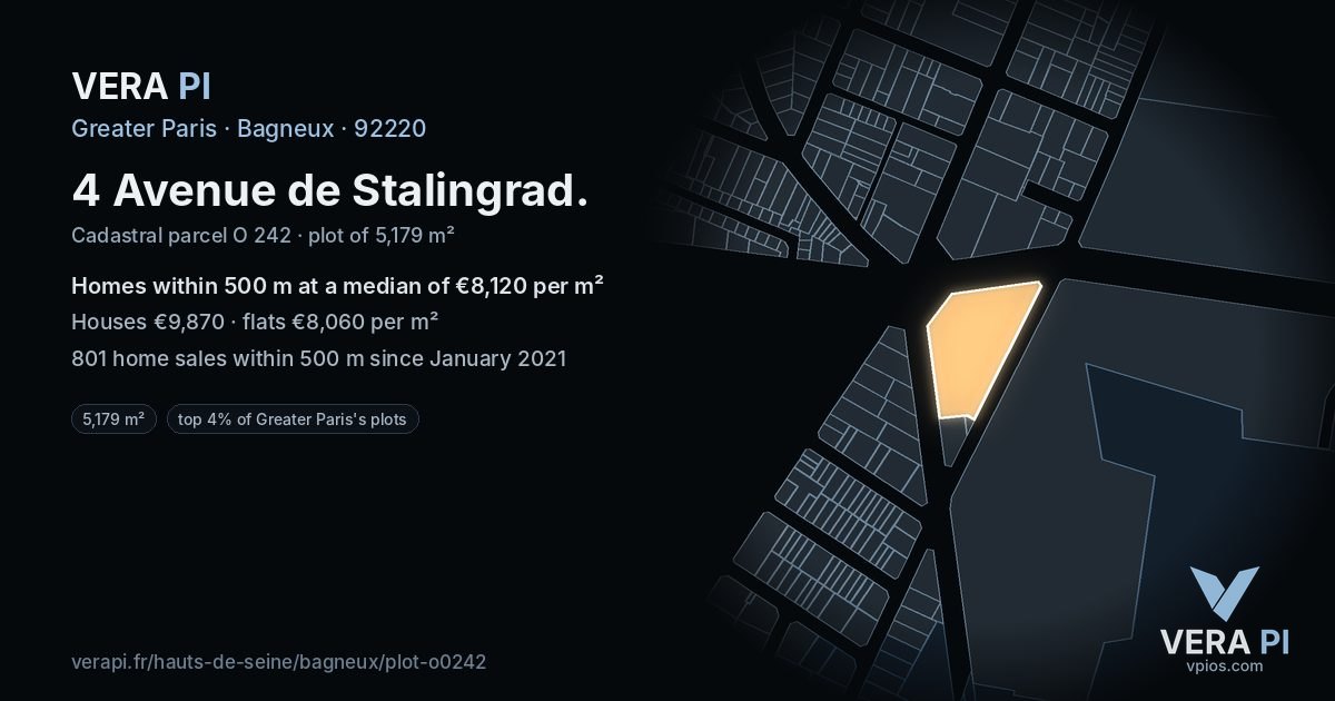 4 Avenue de Stalingrad, Bagneux at night – the plot lit, the parcels around coloured by the prices near them