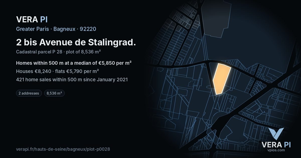 2 bis Avenue de Stalingrad, Bagneux at night – the plot lit, the parcels around coloured by the prices near them