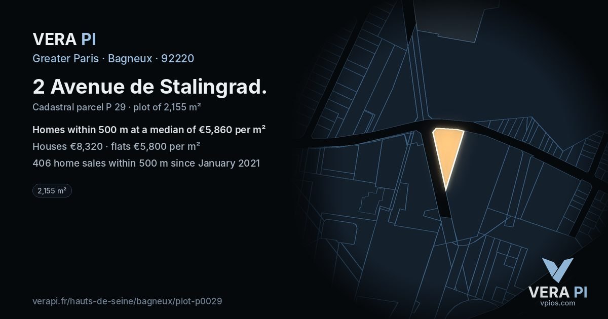 2 Avenue de Stalingrad, Bagneux at night – the plot lit, the parcels around coloured by the prices near them