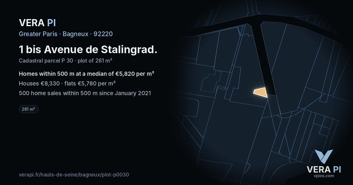 1 bis Avenue de Stalingrad, Bagneux at night – the plot lit, the parcels around coloured by the prices near them