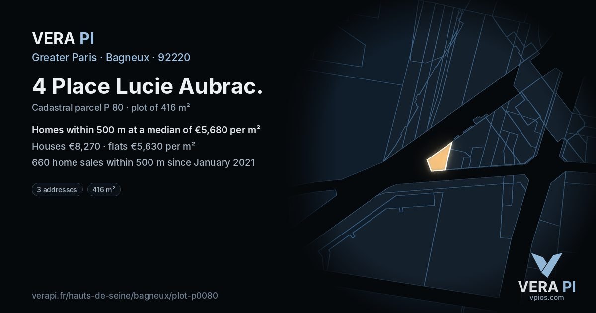 4 Place Lucie Aubrac, Bagneux at night – the plot lit, the parcels around coloured by the prices near them