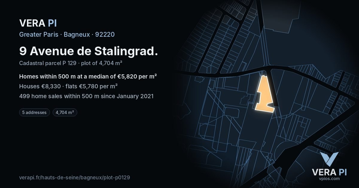 9 Avenue de Stalingrad, Bagneux at night – the plot lit, the parcels around coloured by the prices near them