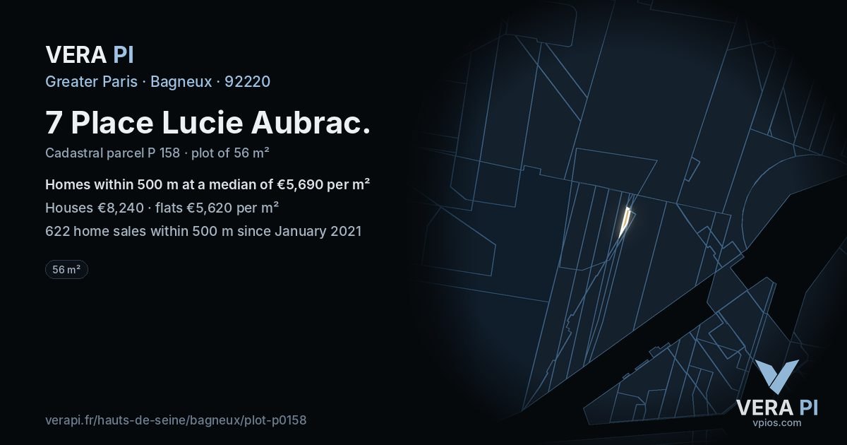 7 Place Lucie Aubrac, Bagneux at night – the plot lit, the parcels around coloured by the prices near them