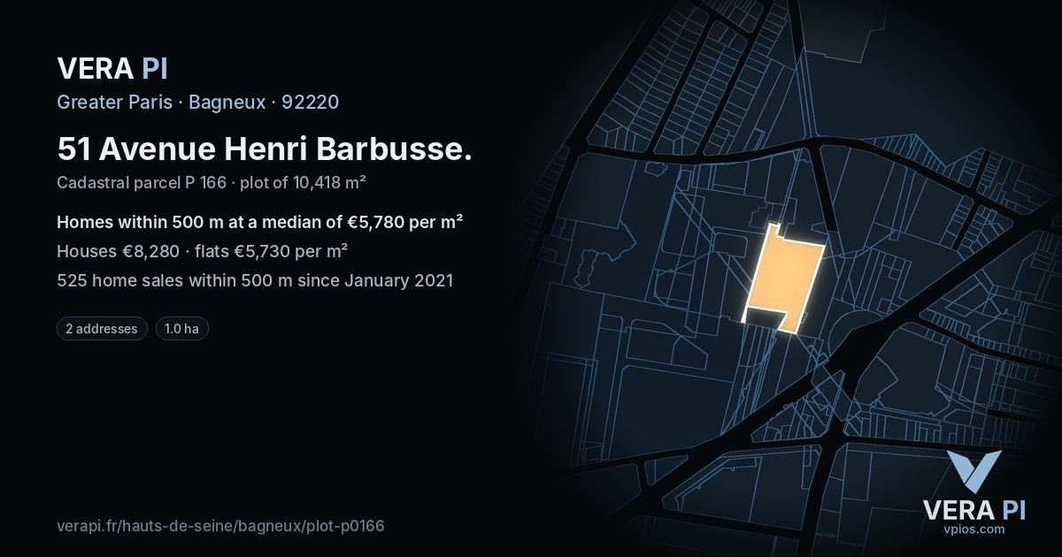 51 Avenue Henri Barbusse, Bagneux at night – the plot lit, the parcels around coloured by the prices near them