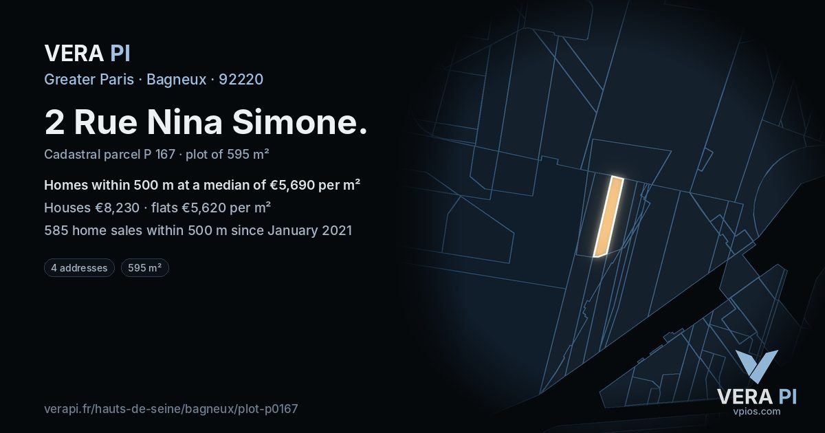 2 Rue Nina Simone, Bagneux at night – the plot lit, the parcels around coloured by the prices near them