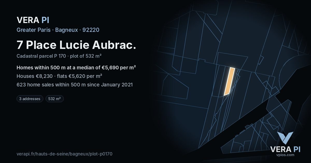 7 Place Lucie Aubrac, Bagneux at night – the plot lit, the parcels around coloured by the prices near them
