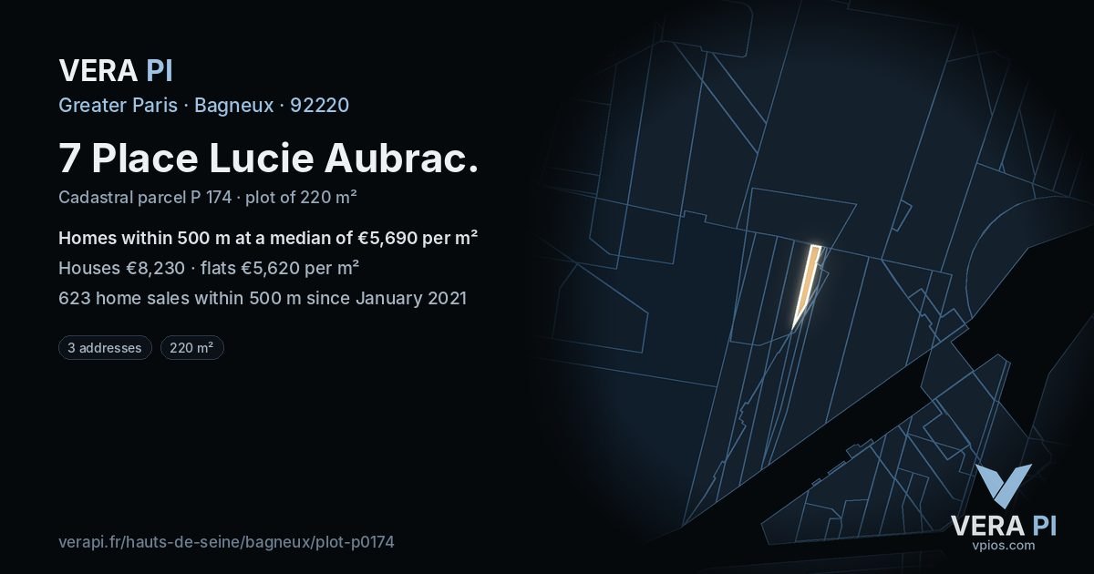 7 Place Lucie Aubrac, Bagneux at night – the plot lit, the parcels around coloured by the prices near them