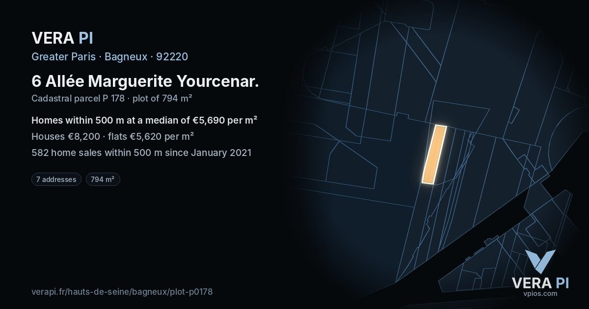 6 Allée Marguerite Yourcenar, Bagneux at night – the plot lit, the parcels around coloured by the prices near them
