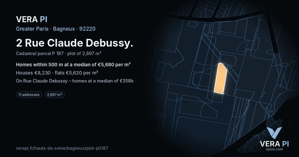 2 Rue Claude Debussy, Bagneux at night – the plot lit, the parcels around coloured by the prices near them