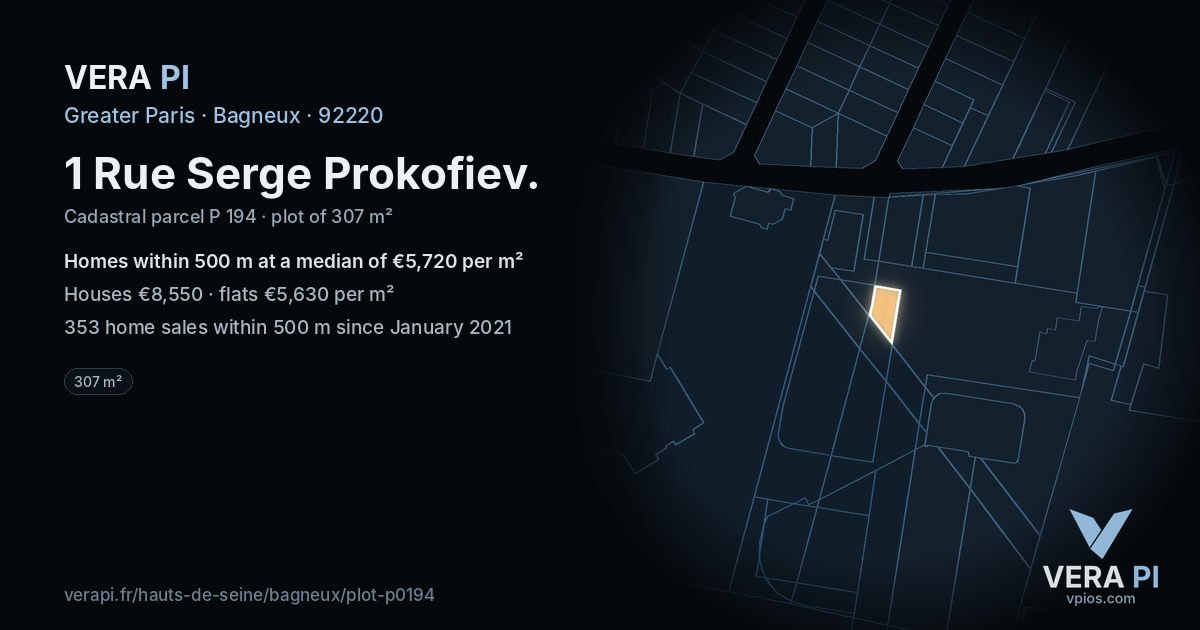 1 Rue Serge Prokofiev, Bagneux at night – the plot lit, the parcels around coloured by the prices near them