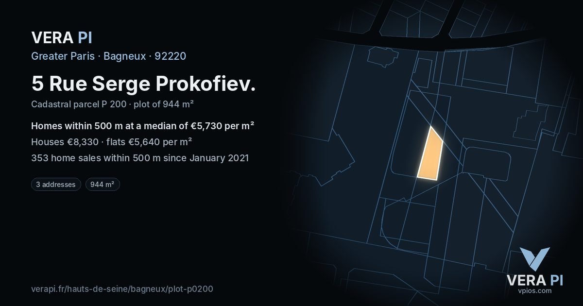 5 Rue Serge Prokofiev, Bagneux at night – the plot lit, the parcels around coloured by the prices near them