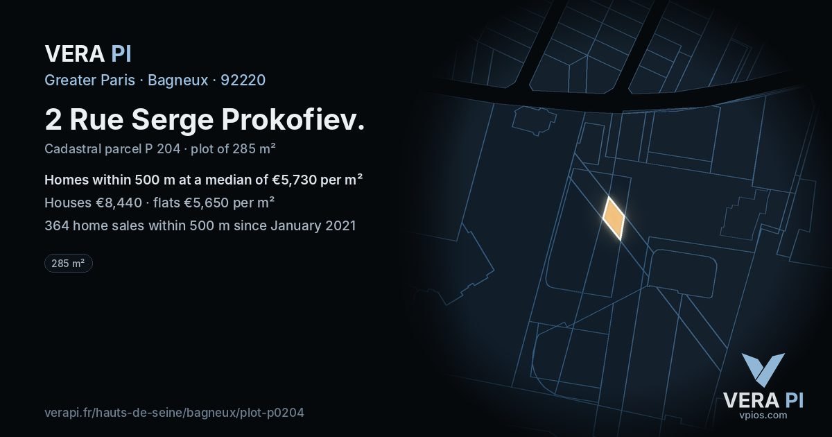2 Rue Serge Prokofiev, Bagneux at night – the plot lit, the parcels around coloured by the prices near them