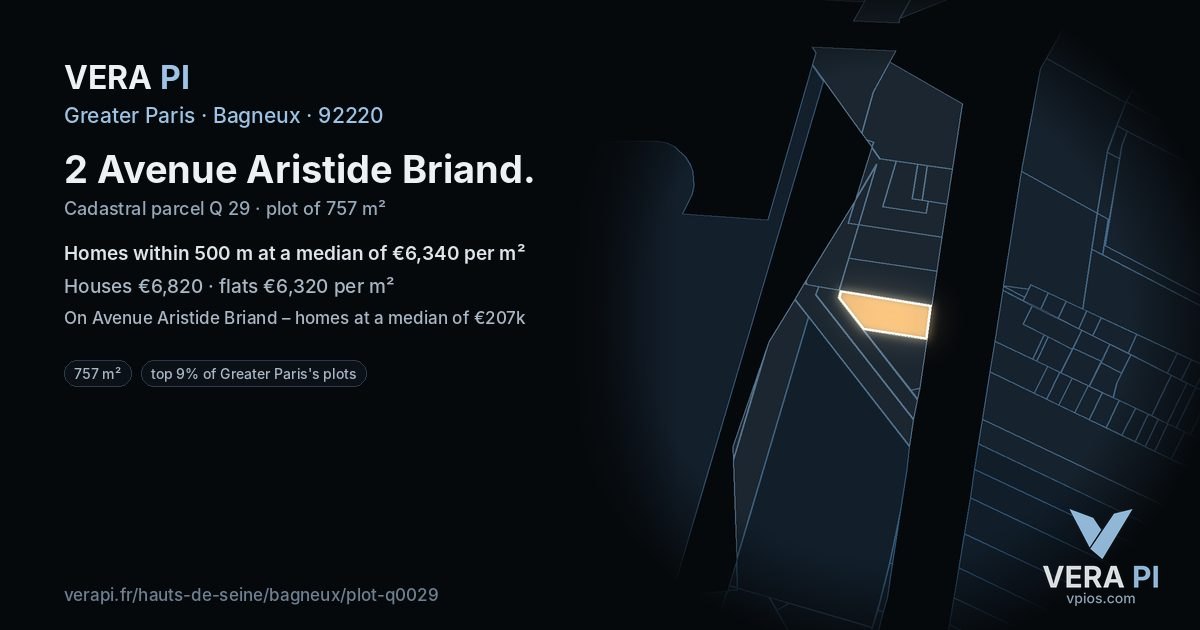 2 Avenue Aristide Briand, Bagneux at night – the plot lit, the parcels around coloured by the prices near them