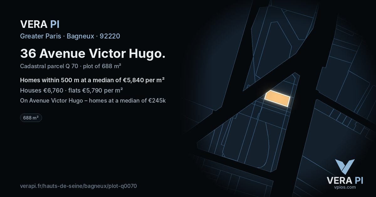 36 Avenue Victor Hugo, Bagneux at night – the plot lit, the parcels around coloured by the prices near them