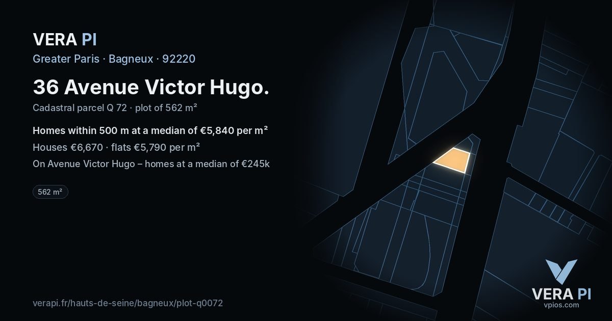 36 Avenue Victor Hugo, Bagneux at night – the plot lit, the parcels around coloured by the prices near them