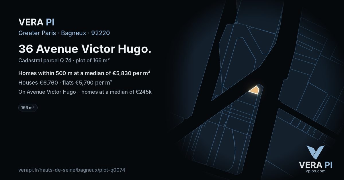 36 Avenue Victor Hugo, Bagneux at night – the plot lit, the parcels around coloured by the prices near them