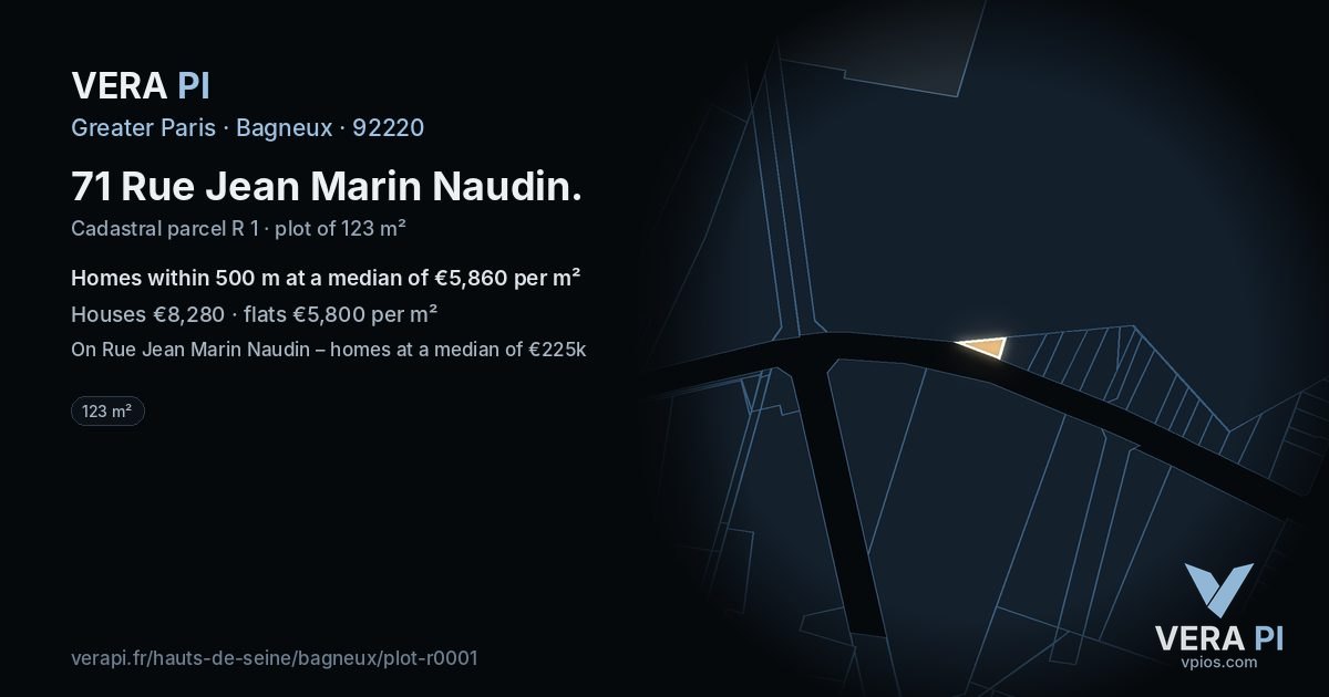 71 Rue Jean Marin Naudin, Bagneux at night – the plot lit, the parcels around coloured by the prices near them