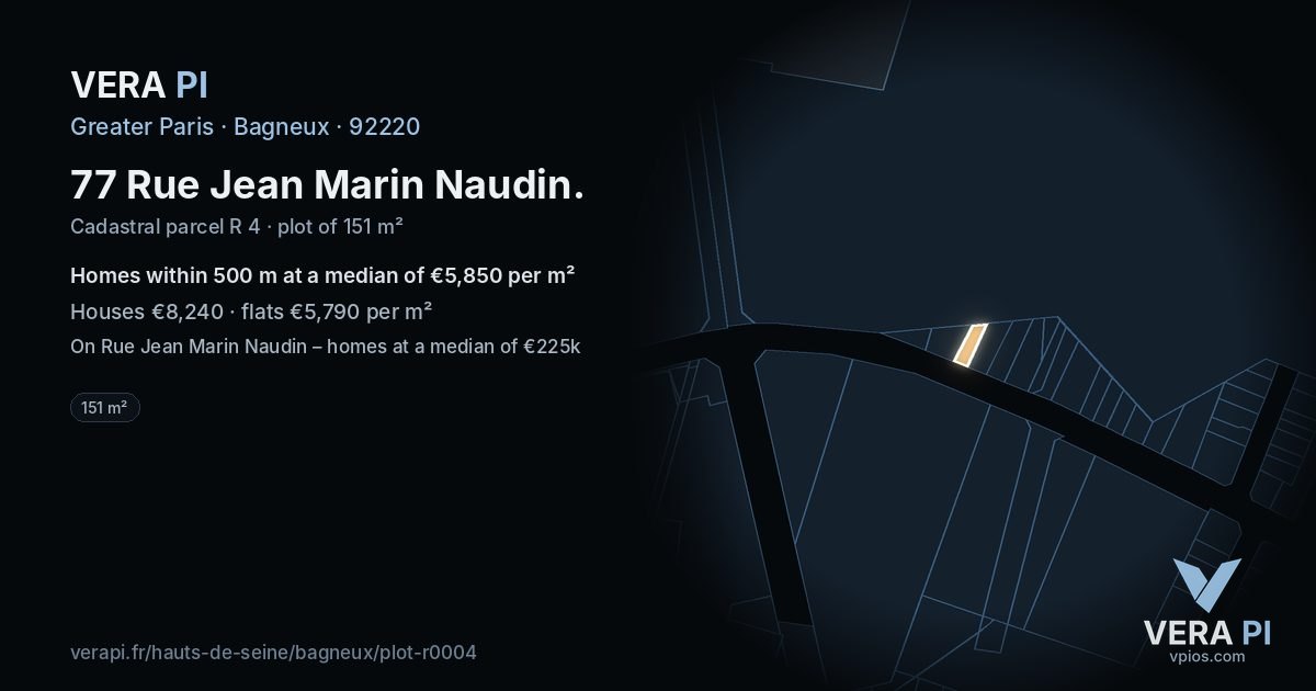 77 Rue Jean Marin Naudin, Bagneux at night – the plot lit, the parcels around coloured by the prices near them