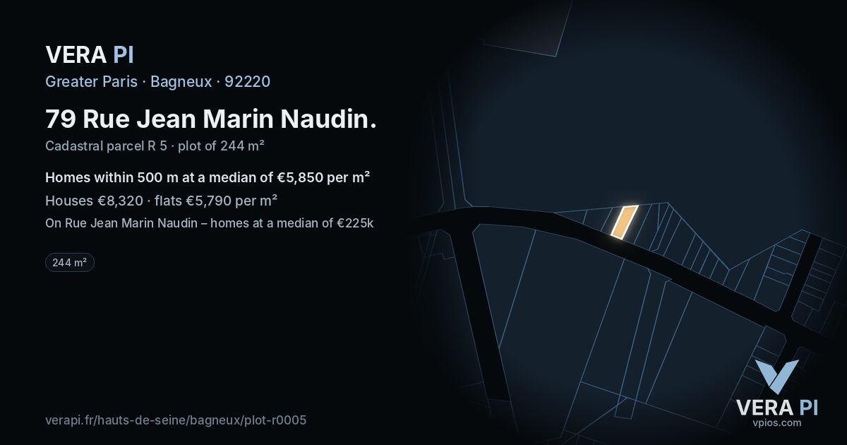 79 Rue Jean Marin Naudin, Bagneux at night – the plot lit, the parcels around coloured by the prices near them