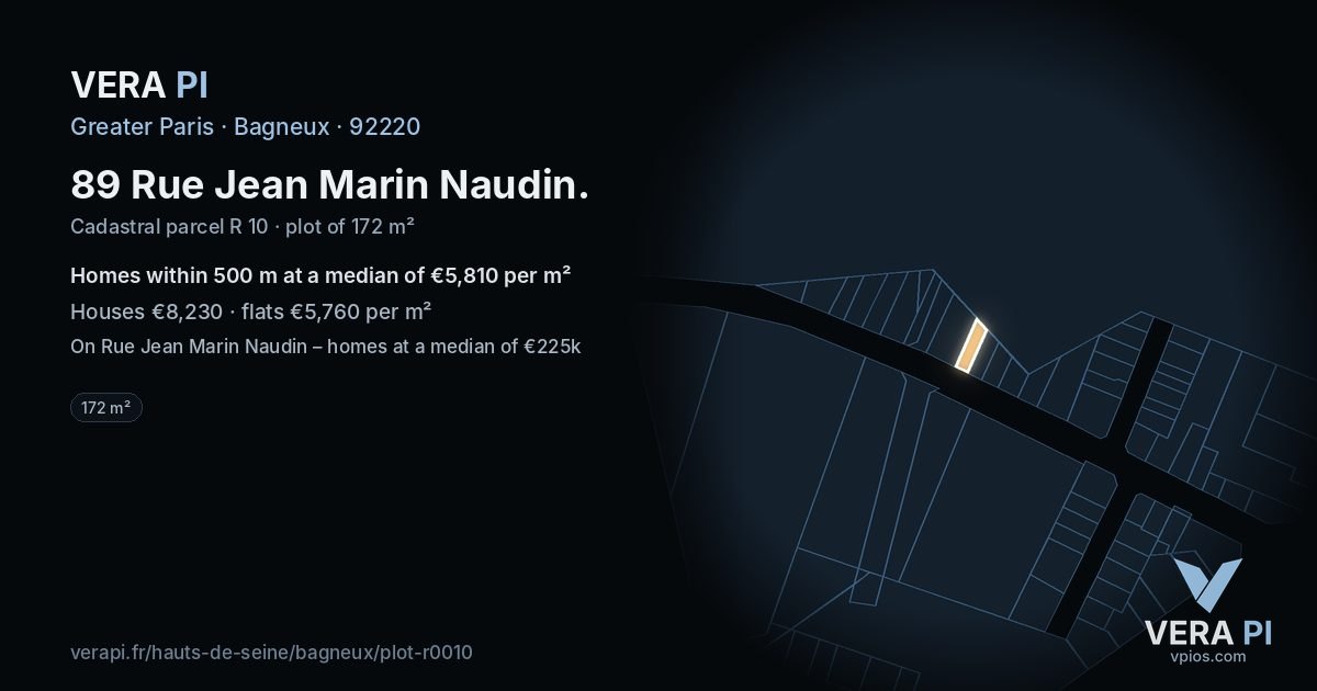 89 Rue Jean Marin Naudin, Bagneux at night – the plot lit, the parcels around coloured by the prices near them
