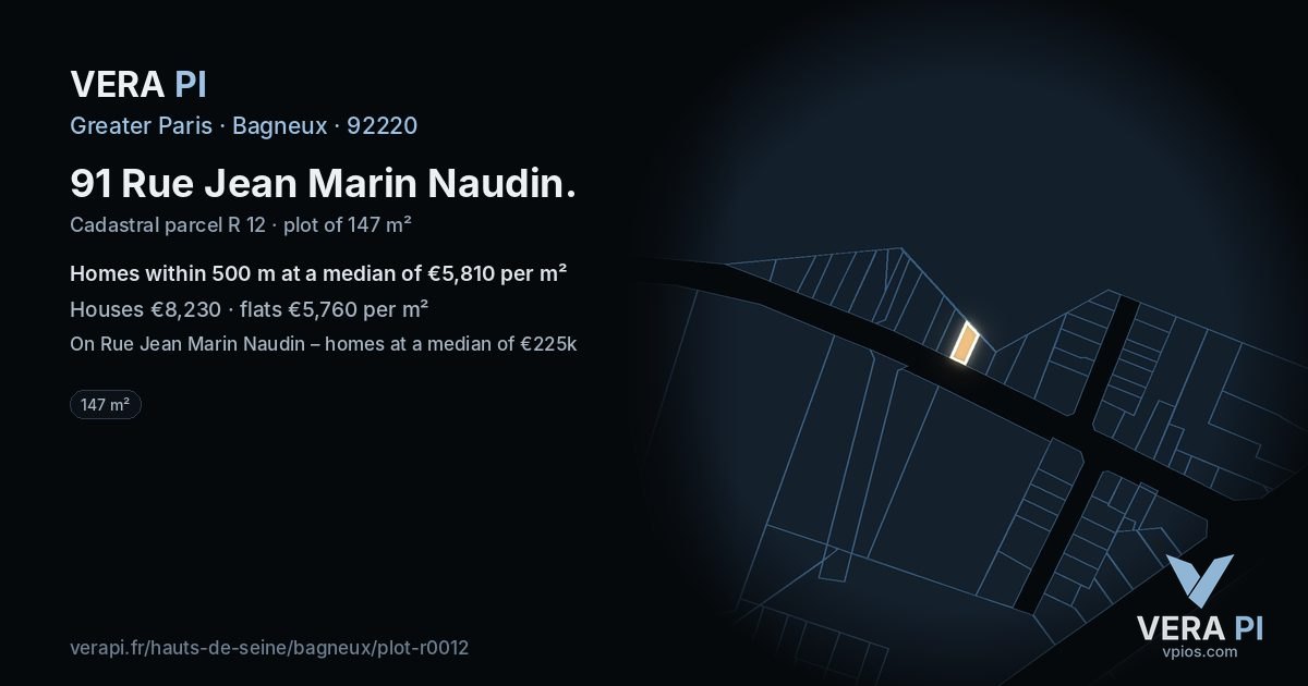 91 Rue Jean Marin Naudin, Bagneux at night – the plot lit, the parcels around coloured by the prices near them