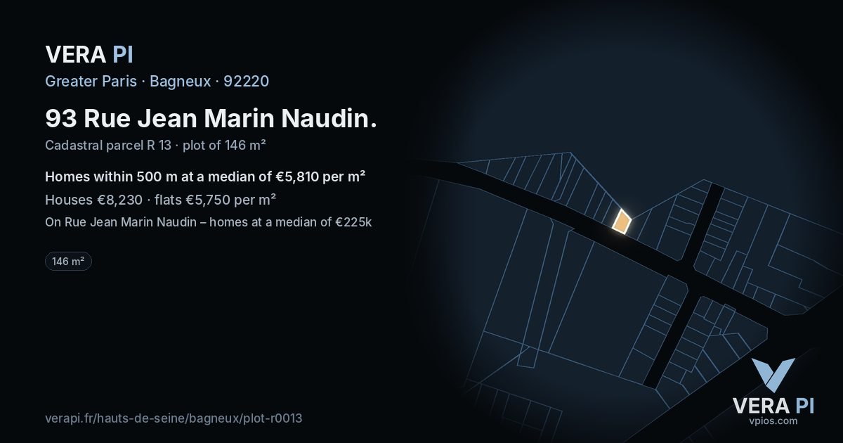 93 Rue Jean Marin Naudin, Bagneux at night – the plot lit, the parcels around coloured by the prices near them
